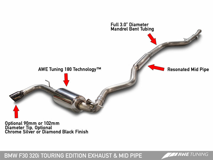 AWE Tuning 13-18 BMW 320i (F30) Touring Edition Exhaust w/ Perfomance Mid Pipe - Diamond Black Tips.