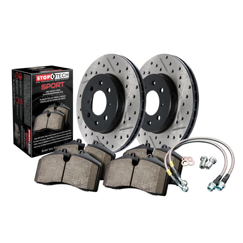 StopTech Sport Axle Pack, Drilled & Slotted Front Rotors, Sport Pads, Stainless Steel Lines - Fits Year Make Model - OneFastShop