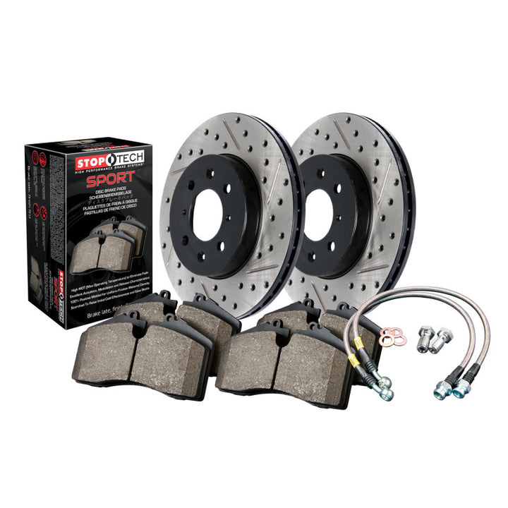 StopTech Sport Axle Pack, Drilled & Slotted Front Rotors, Sport Pads, Stainless Steel Lines - Fits Year Make Model - OneFastShop