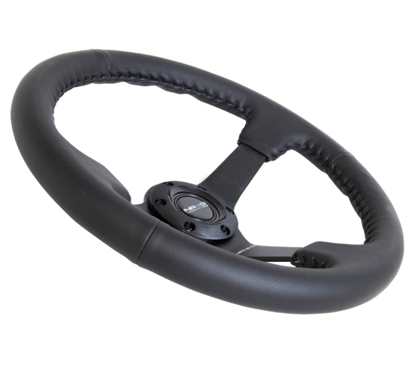 NRG Steering Wheel Reinforced 350mm 3in. Deep Black Leather with Black Basketball Stitch (Odi Bakchis Edition)