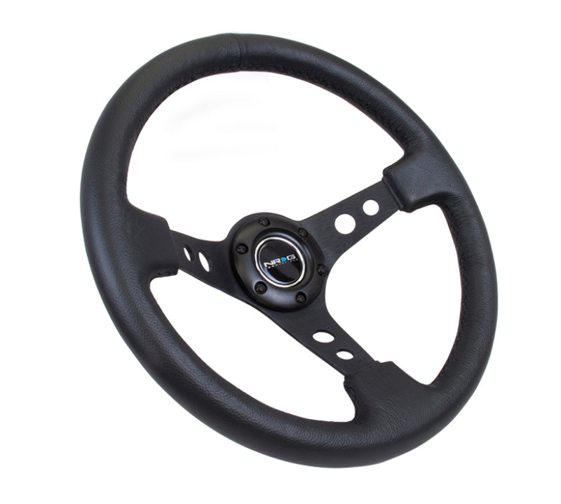 NRG Reinforced Steering Wheel 350mm 3in Deep Black Leather with Black Spoke Circle Cutouts - OneFastShop
