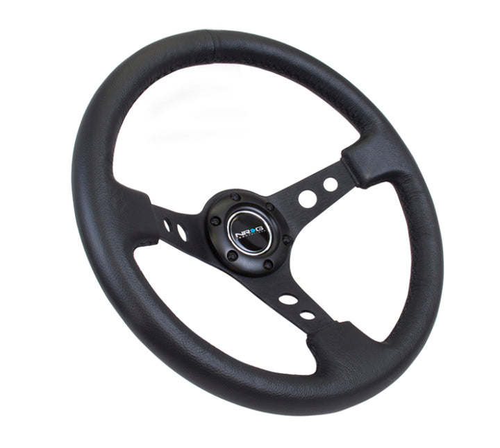 NRG Reinforced Steering Wheel 350mm 3in Deep Black Leather with Black Spoke Circle Cutouts - OneFastShop