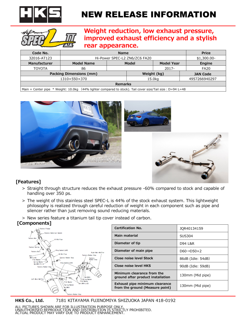 HKS Hi-Power Muffler SPEC-L for Subaru BRZ ZN6 - OneFastShop