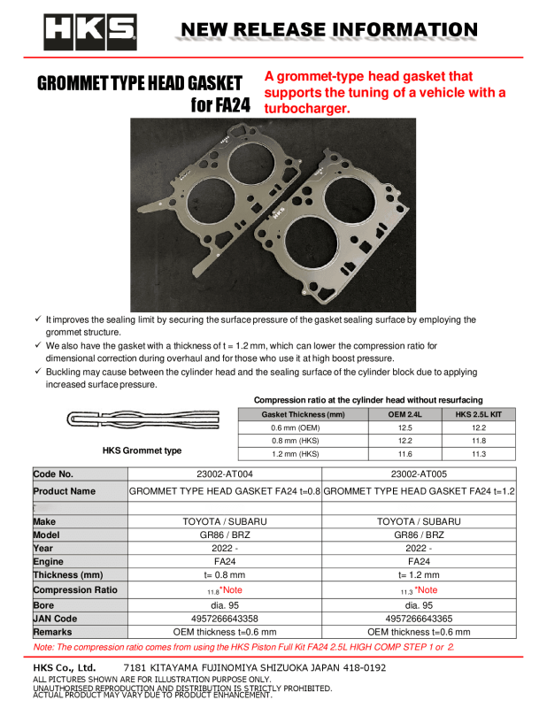 HKS Grommet Type Metal Head Gasket 1.2mm - Subaru / Toyota FA24 2022-2026, image 2