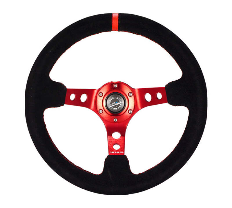 NRG Innovations Reinforced 350mm Deep Dish Steering Wheel - Black Leather, Red Spoke, Red Stitch