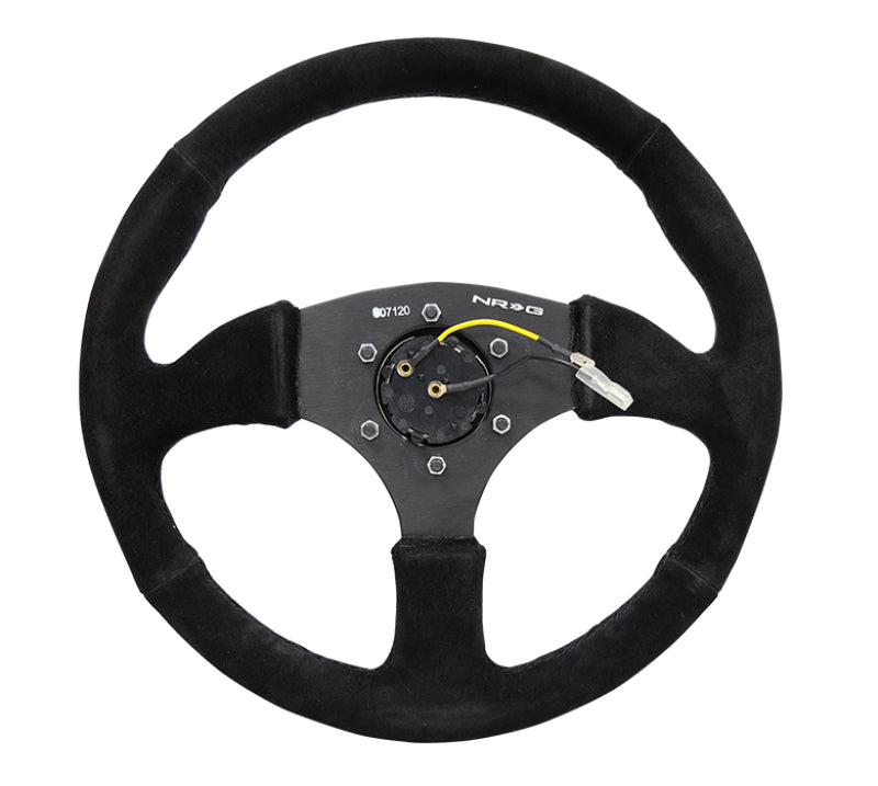Nrg Reinforced Steering Wheel with Blk Suede Comfort Grip (350mm / 2.5in. Deep) - 5mm Matte Blk Spokes - OneFastShop