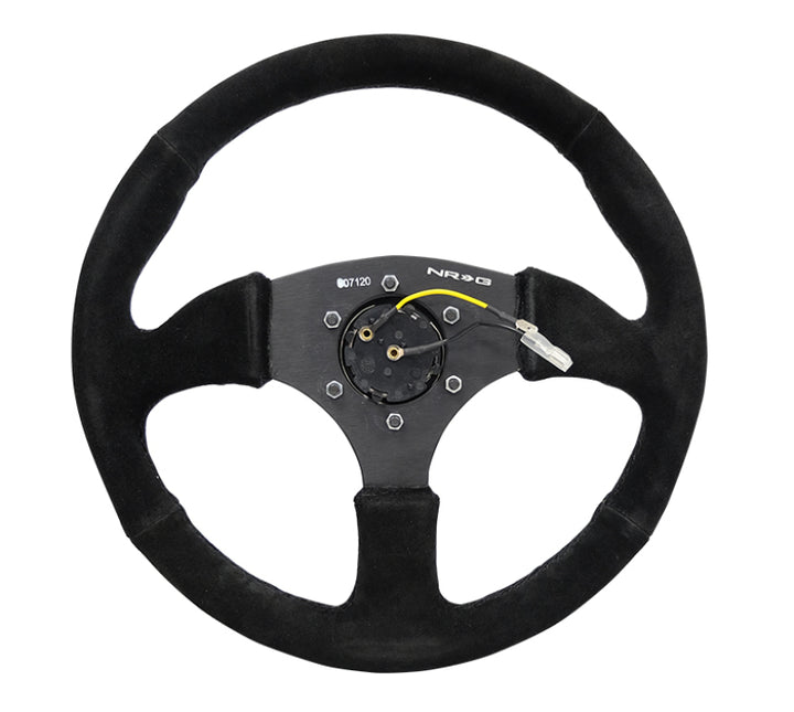 Nrg Reinforced Steering Wheel with Blk Suede Comfort Grip (350mm / 2.5in. Deep) - 5mm Matte Blk Spokes - OneFastShop