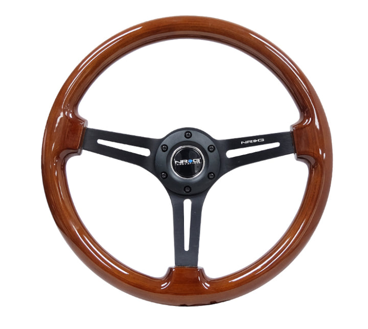 Nrg Reinforced Steering Wheel Brown Wood 350mm 3in Deep Black Matte Spoke Black Center Mark - OneFastShop