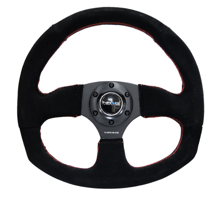 NRG Reinforced Steering Wheel Suede w/Red Stitch 320mm Horizontal / 330mm Vertical - OneFastShop