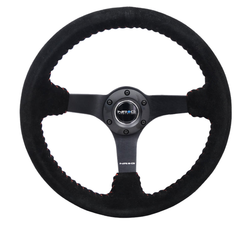 Nrg Reinforced Steering Wheel Blk Suede/Red BBall Stitch - 350mm/3in Deep - 5mm Matte Blk Spokes