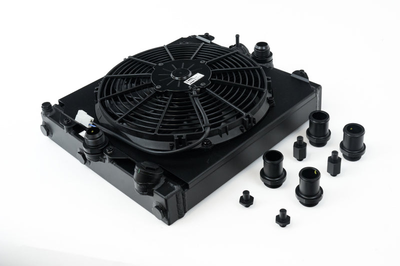 CSF Universal Half Radiator with 16AN Slip-On Fittings and 12in SPAL Fan Shroud Black Finish for 92-00 Honda Civic and Mitsubishi Evolution