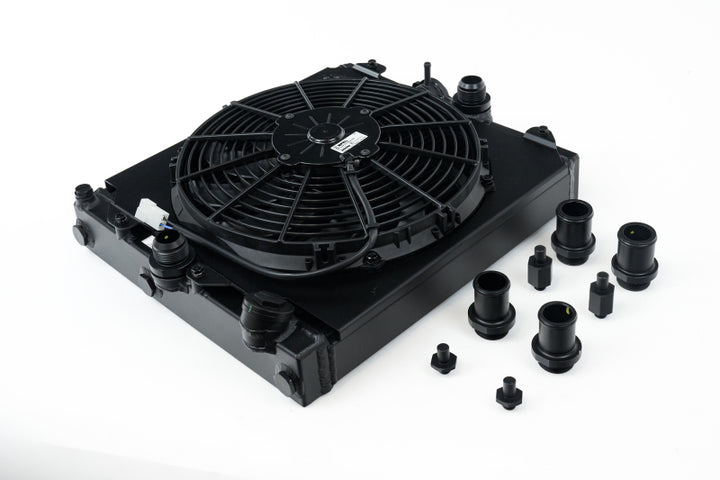 CSF Universal Half Radiator with 16AN Slip-On Fittings and 12in SPAL Fan Shroud Black Finish for 92-00 Honda Civic and Mitsubishi Evolution