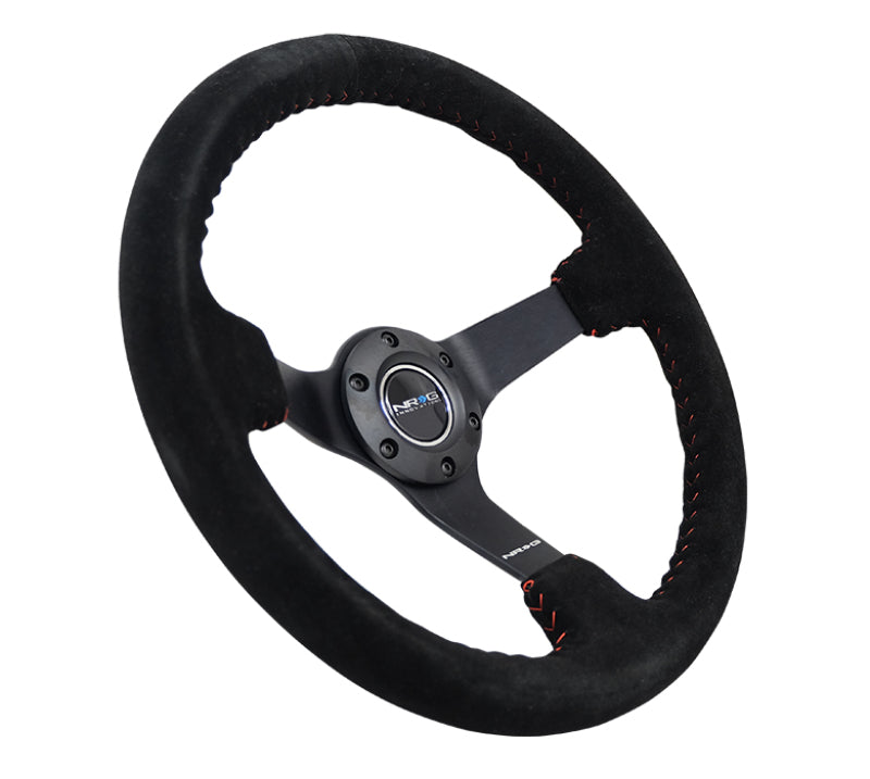 Nrg Reinforced Steering Wheel Blk Suede/Red BBall Stitch - 350mm/3in Deep - 5mm Matte Blk Spokes - OneFastShop