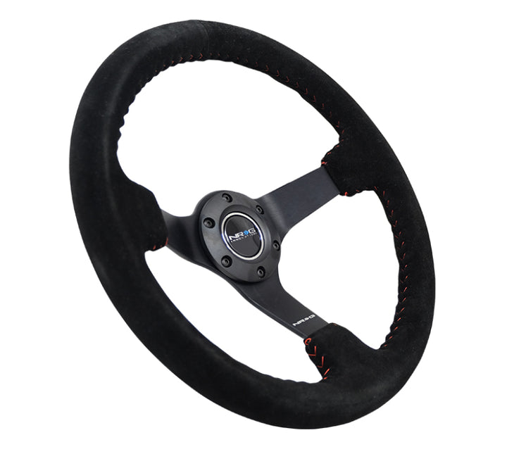 Nrg Reinforced Steering Wheel Blk Suede/Red BBall Stitch - 350mm/3in Deep - 5mm Matte Blk Spokes - OneFastShop