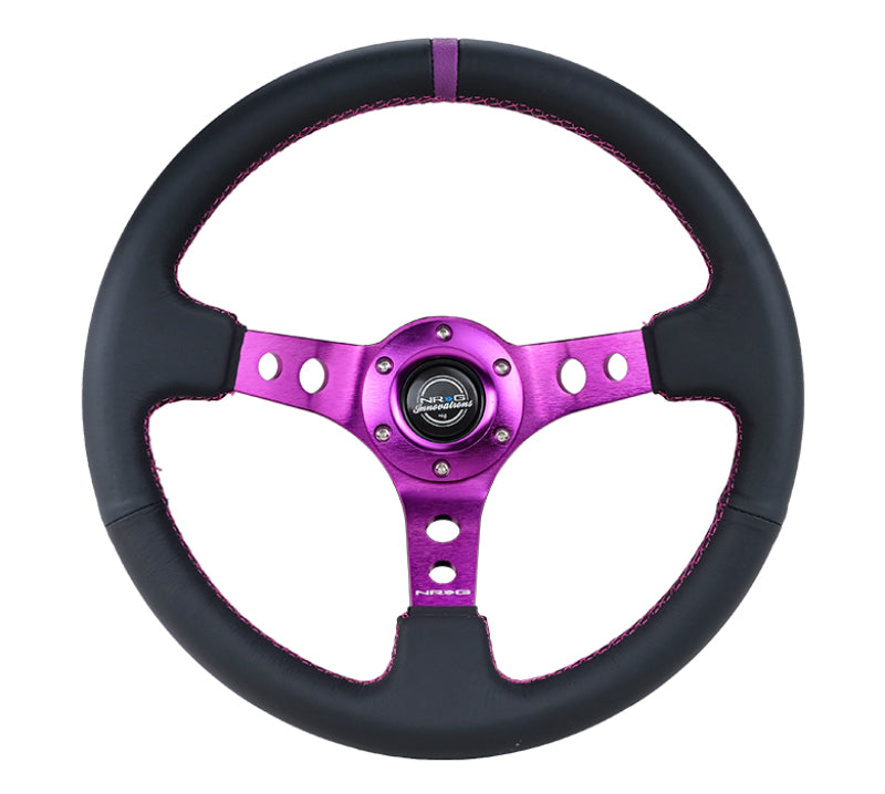 NRG Steering Wheel Reinforced Black Leather 350mm 3in Deep Purple Center & Stitching - Vehicle Compatibility (If available)