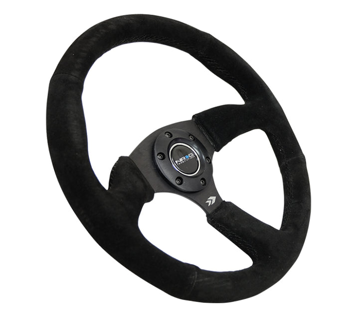 Nrg Reinforced Steering Wheel with Blk Suede Comfort Grip (350mm / 2.5in. Deep) - 5mm Matte Blk Spokes - OneFastShop