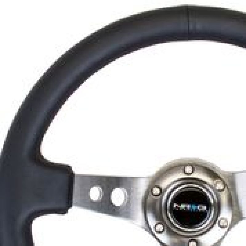 NRG Reinforced Steering Wheel with Black Leather and Gunmetal Circle Cutout Spokes