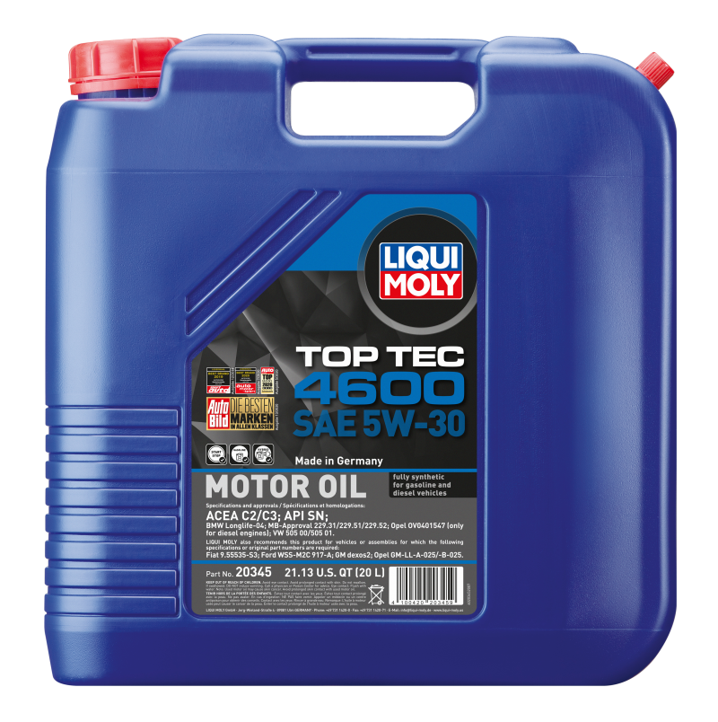 LIQUI MOLY 20L Top Tec 4600 SAE 5W30 Motor Oil - BMW, Acura, Audi, Chevrolet, Dodge - OneFastShop