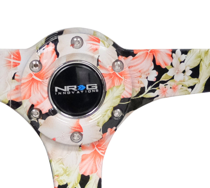 NRG Reinforced Steering Wheel Black Suede Floral Dipped with Black Baseball Stitch (350mm / 3in Deep) - OneFastShop