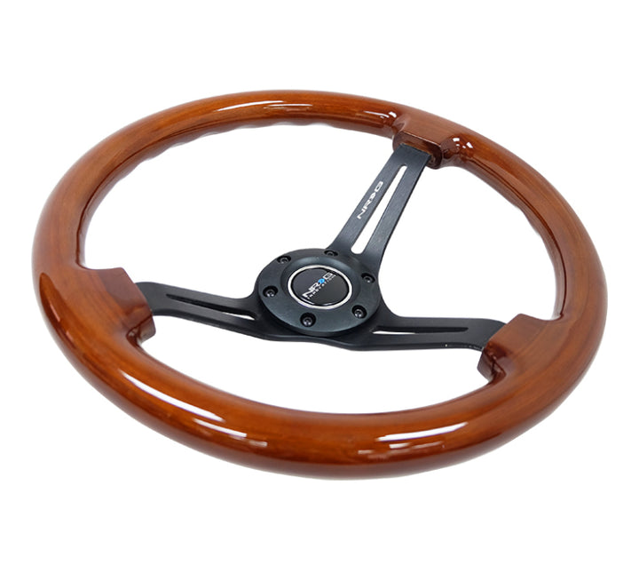 Nrg Reinforced Steering Wheel Brown Wood 350mm 3in Deep Black Matte Spoke Black Center Mark - OneFastShop
