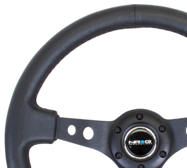 NRG Reinforced Steering Wheel 350mm 3in Deep Black Leather with Black Spoke Circle Cutouts - OneFastShop