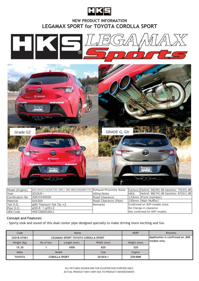 HKS LEGAMAX Sports Exhaust for 2018 Toyota Corolla Sport 2ZR/8NR