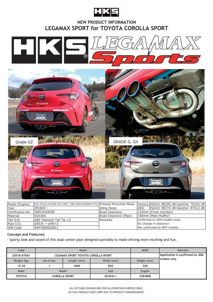 HKS LEGAMAX Sports Exhaust for 2018 Toyota Corolla Sport 2ZR/8NR