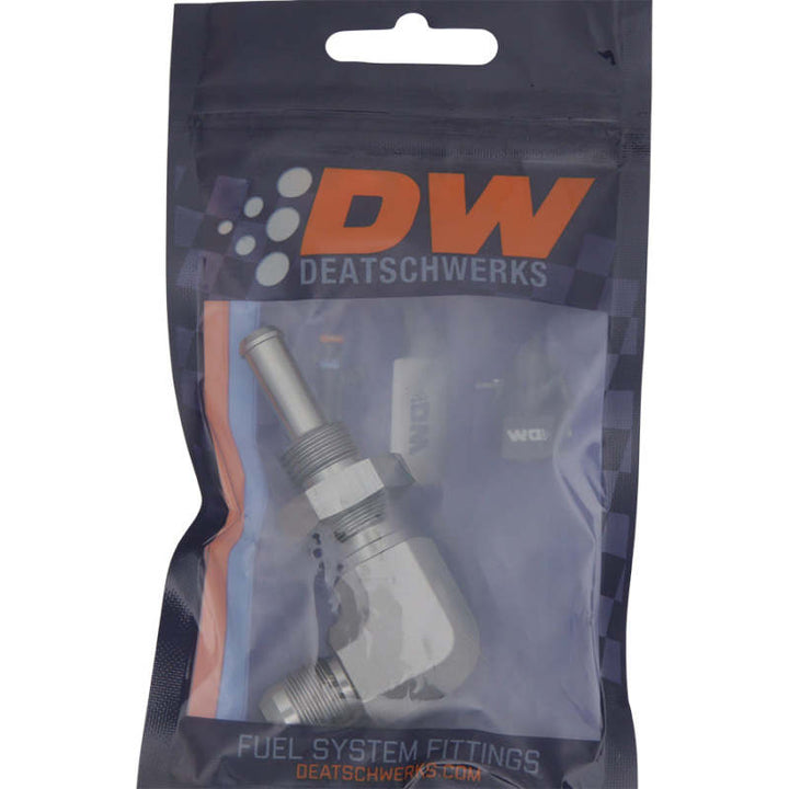 DeatschWerks 6AN Male Flare To 5/16in Male Barb Adapter 90-Degree Incl Nut - OneFastShop