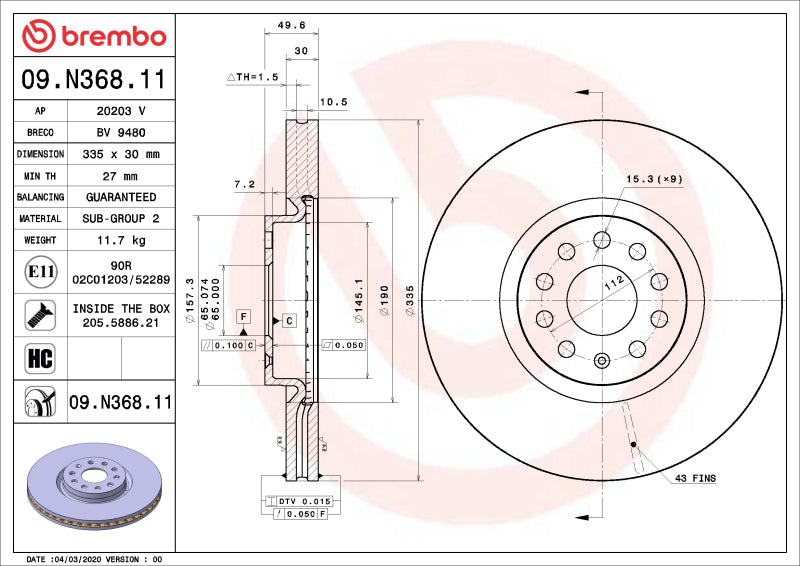 Brembo Front UV Coated Rotor 2021-2022 Lexus ES250/2019-2022 Lexus ES300h/2019-2022 Lexus ES350/2019-2022 UX200