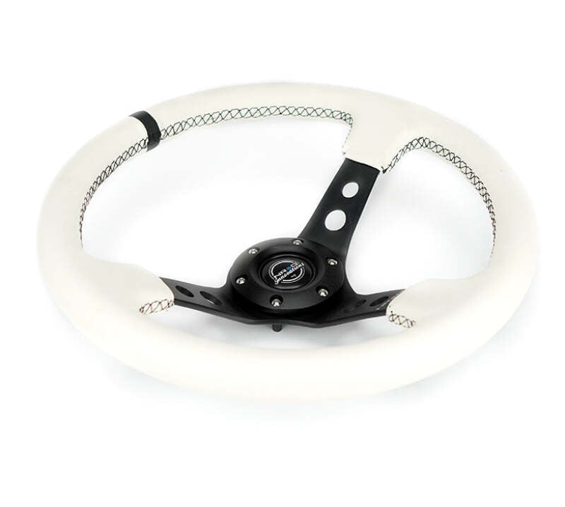 NRG Innovations Reinforced 350mm Deep Dish Steering Wheel - White Leather - Black Spoke - White Stitch, image 6