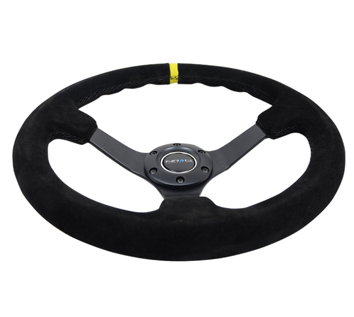 NRG Reinforced Steering Wheel with Blk Suede/X-Stitch (350mm / 3in. Deep) - Black Spoke & Yellow CM