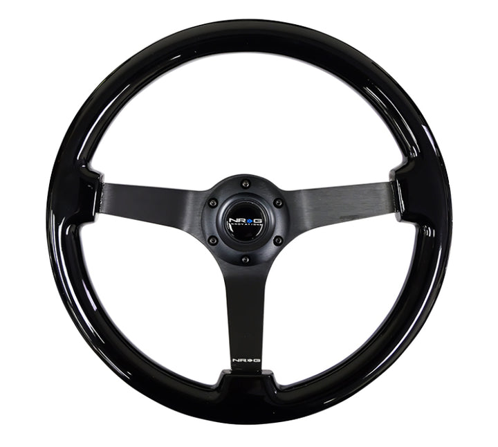 NRG Steering Wheel Reinforced Black 350mm 3in Deep Black Chrome Solid 3-Spoke Center - OneFastShop