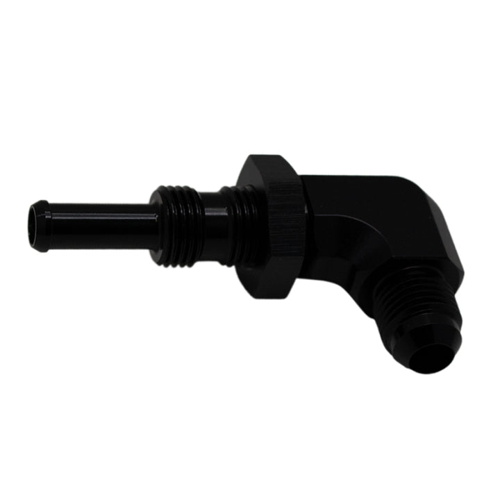 DeatschWerks 6AN Male Flare to 5/16in Male Barb Bulkhead Adapter 90-Degree Anodized Matte Black