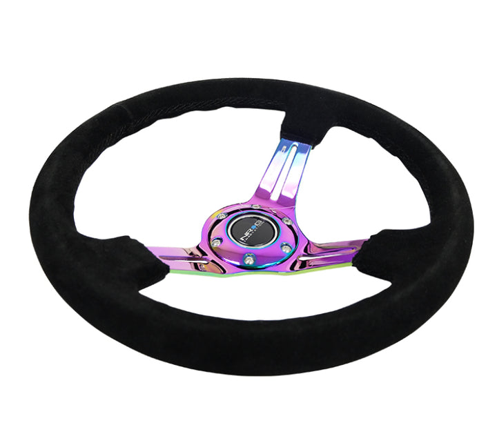 Nrg Reinforced Steering Wheel 350mm 3in Deep Blk Suede Blk Stitch w/Neochrome Slits - OneFastShop