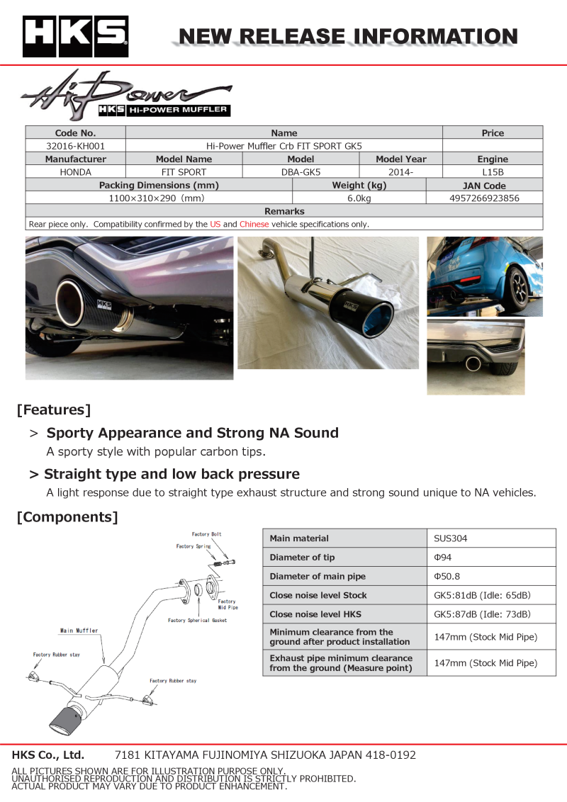 HKS Hi-Power Muffler with Carbon Tips for 2014+ Honda Fit Sport GK5 - OneFastShop