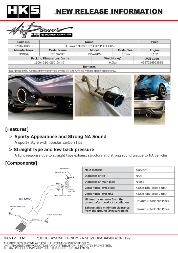 HKS Hi-Power Muffler with Carbon Tips for 2014+ Honda Fit Sport GK5 - OneFastShop