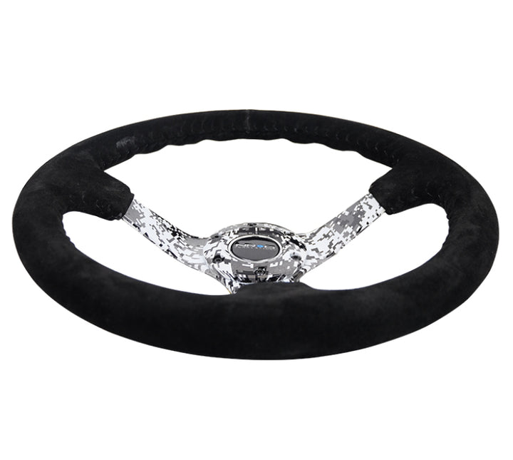NRG Reinforced Steering Wheel 350mm 3in Deep Black Suede with Hydrodipped Digi-Camo Spokes - OneFastShop