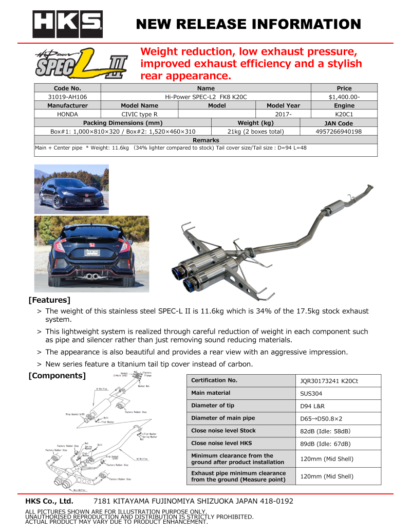 HKS Hi-Power Muffler SPEC-L2 FK8 K20C Performance Upgrade - OneFastShop