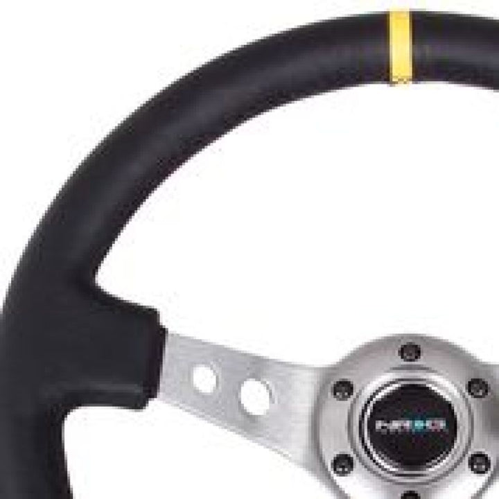 NRG Reinforced Steering Wheel with Black Leather/Gunmetal Spoke - 350mm - Yellow CM - OneFastShop