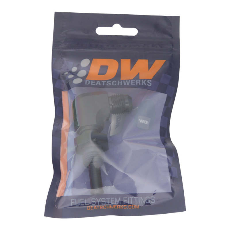 DeatschWerks 6AN Male Flare to 5/16in Male Barb Bulkhead Adapter 90-Degree Anodized Matte Black