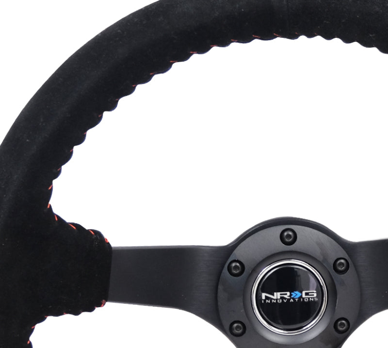 Nrg Reinforced Steering Wheel Blk Suede/Red BBall Stitch - 350mm/3in Deep - 5mm Matte Blk Spokes