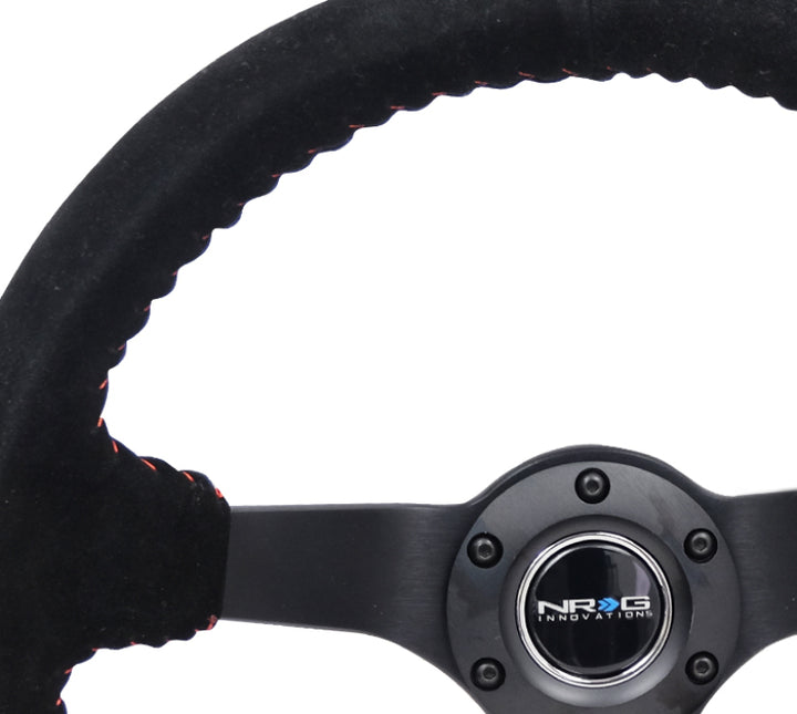 Nrg Reinforced Steering Wheel Blk Suede/Red BBall Stitch - 350mm/3in Deep - 5mm Matte Blk Spokes - OneFastShop
