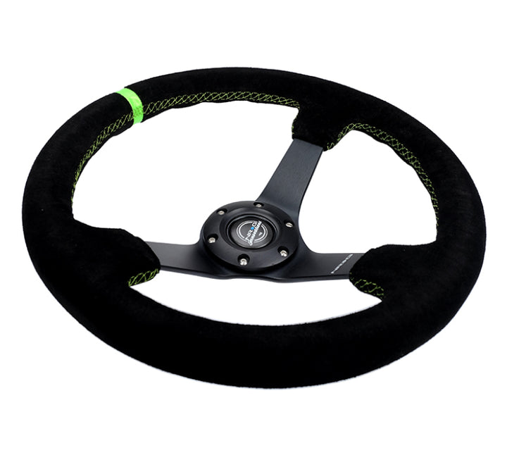 NRG Steering Wheel Deep Blk Suede Neon Green Stitch 350mm/3in. Spoke - OneFastShop