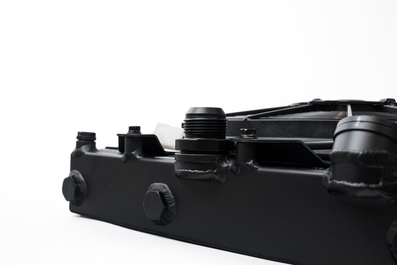 CSF Universal Half Radiator with 16AN Slip-On Fittings and 12in SPAL Fan Shroud Black Finish for 92-00 Honda Civic and Mitsubishi Evolution