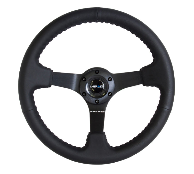 NRG Steering Wheel Reinforced 350mm 3in. Deep Black Leather with Black Basketball Stitch (Odi Bakchis Edition) - OneFastShop
