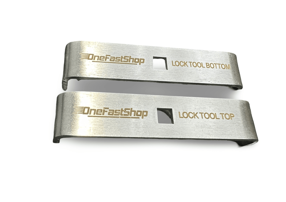 OneFastShop two-piece fuel pump lock ring tool in 304 stainless, top and bottom jaws with 3/8 inch drive