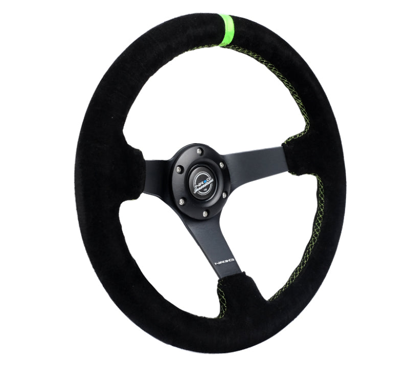 NRG Steering Wheel Deep Blk Suede Neon Green Stitch 350mm/3in. Spoke - OneFastShop