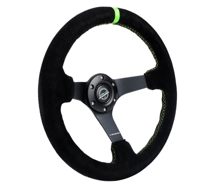NRG Steering Wheel Deep Blk Suede Neon Green Stitch 350mm/3in. Spoke - OneFastShop