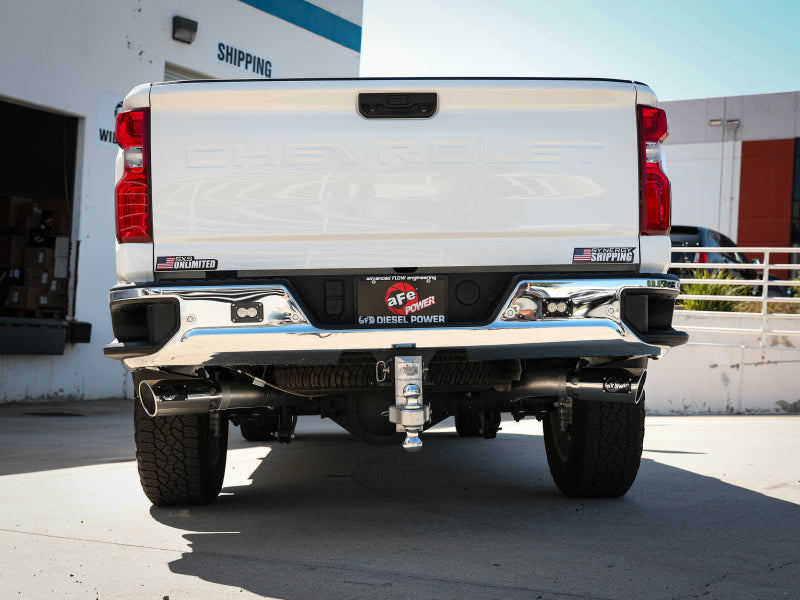 aFe Large Bore-HD 4in 409SS DPF-Back Exhaust System for 20 GM Diesel Trucks V8-6.6L – with Polished Tips