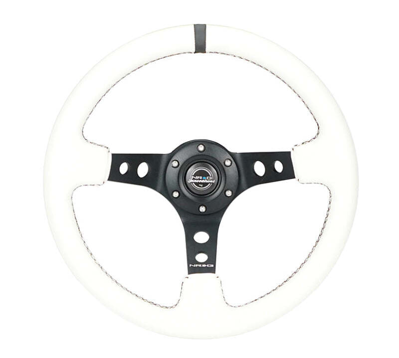 NRG Innovations Reinforced 350mm Deep Dish Steering Wheel - White Leather - Black Spoke - White Stitch, image 7